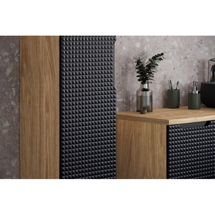 Colonne de salle de bain VELNIA – 1 porte – H170 cm – Coloris chêne clair et noir – À suspendre 