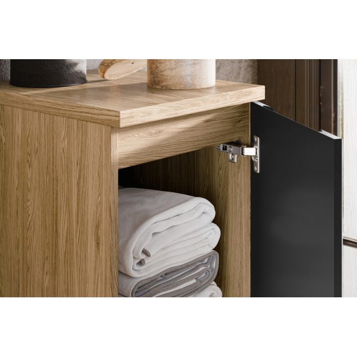 Meuble sous vasque VELNIA – 1 porte – 30 cm – Coloris chêne clair et noir – À suspendre 