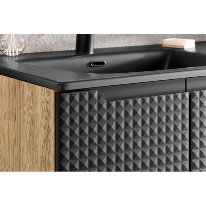 Meuble sous vasque VELNIA – 2 tiroirs – 60 cm – Coloris chêne clair et noir – À suspendre 