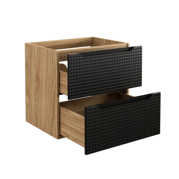 Meuble sous vasque VELNIA – 2 tiroirs – 60 cm – Coloris chêne clair et noir – À suspendre 