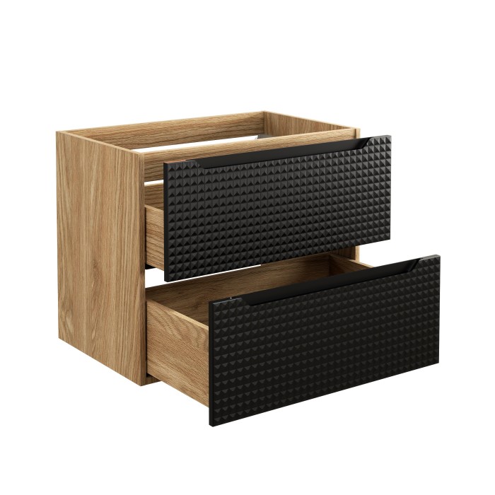 Meuble sous vasque VELNIA – 2 tiroirs – 70 cm – Coloris chêne clair et noir – À suspendre 