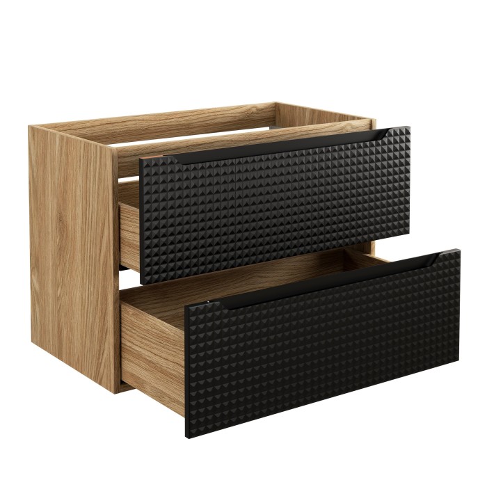 Meuble sous vasque VELNIA – 2 tiroirs – 80 cm – Coloris chêne clair et noir – À suspendre 
