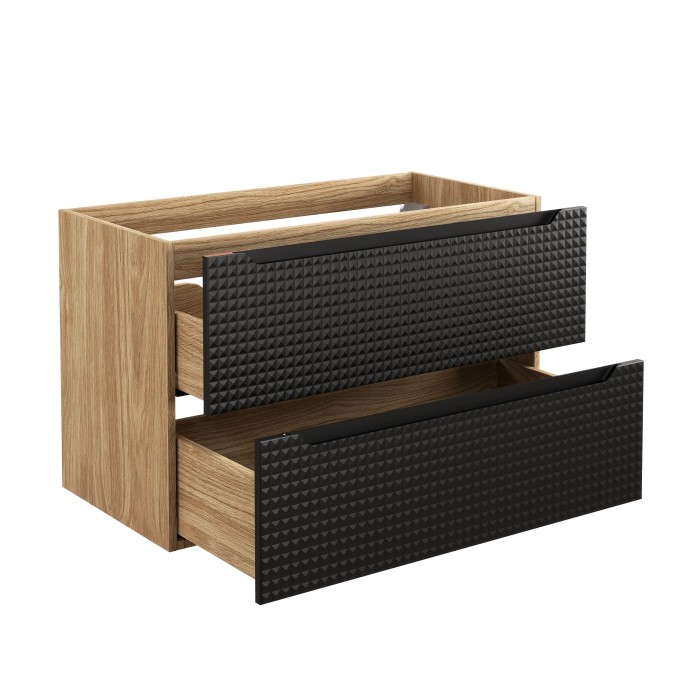 Meuble sous vasque VELNIA – 2 tiroirs – 90 cm – Coloris chêne clair et noir – À suspendre 