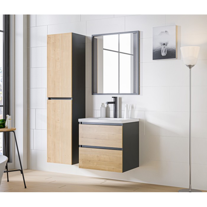 Meuble sous vasque TAMO – 2 tiroirs – Coloris gris anthracite – L60 × P57 × H46 cm – À suspendre 