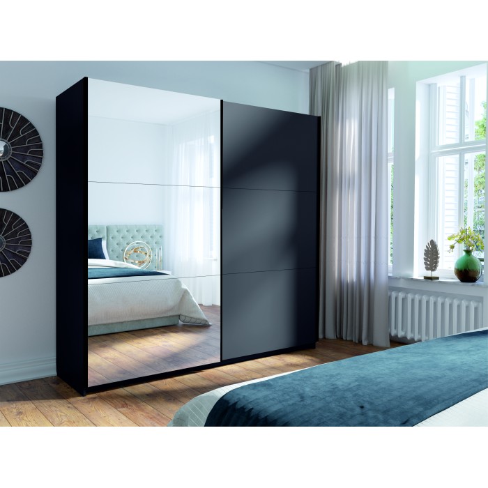 Armoire ARSALA 150 cm gris graphite avec miroir – 2 portes coulissantes