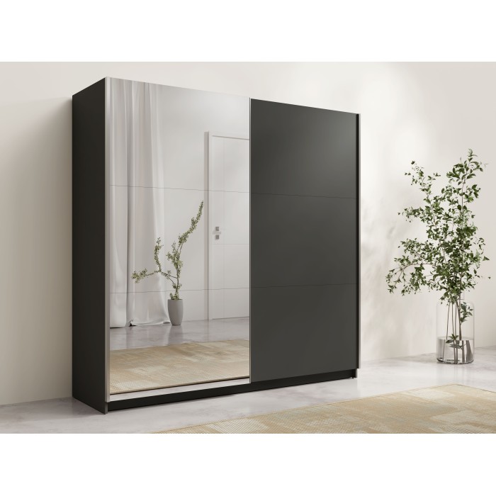 Armoire ARSALA 150 cm gris graphite avec miroir – 2 portes coulissantes