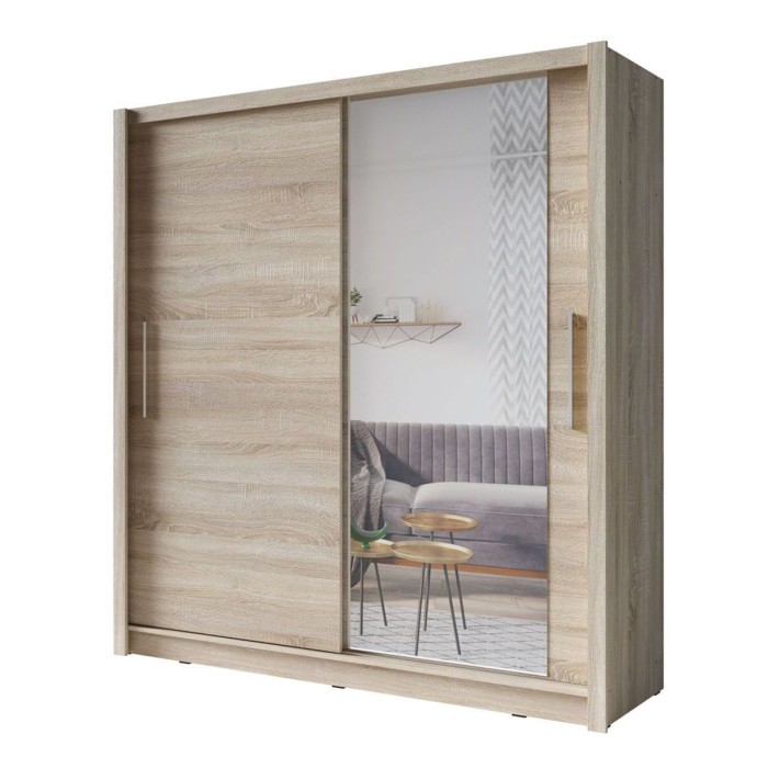 Armoire OZZULA 204 cm chêne clair avec miroir – 2 portes coulissantes