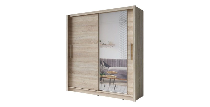 Armoire OZZULA 204 cm chêne clair avec miroir – 2 portes coulissantes