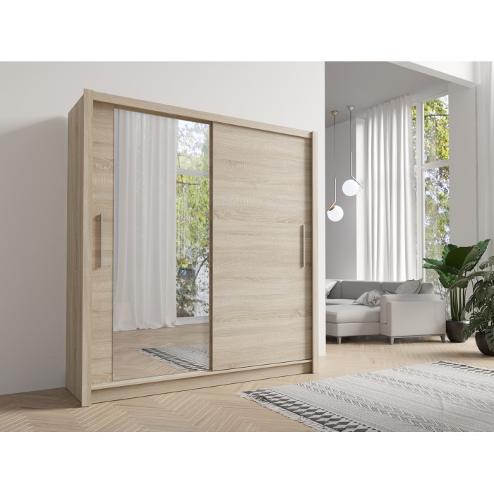 Armoire OZZULA 204 cm chêne clair avec miroir – 2 portes coulissantes