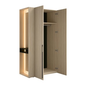 Armoire SORIA 204 cm chêne et noir avec miroir LED et niche – 2 portes battantes