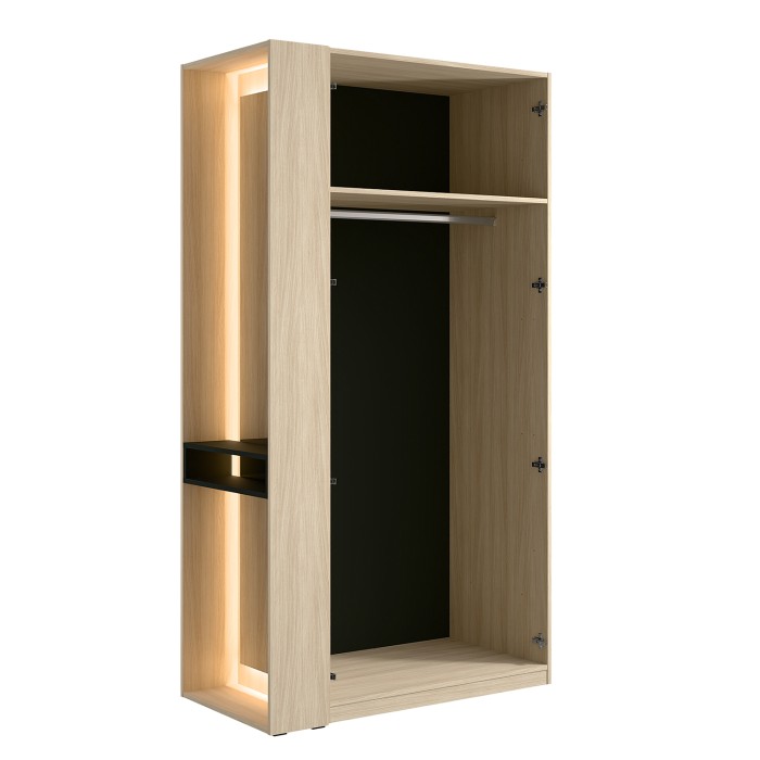 Armoire SORIA 204 cm chêne et noir avec miroir LED et niche – 2 portes battantes