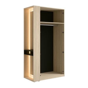 Armoire SORIA 204 cm chêne et noir avec miroir LED et niche – 2 portes battantes