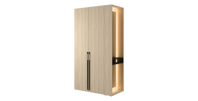 Armoire SORIA 204 cm chêne et noir avec miroir LED et niche – 2 portes battantes