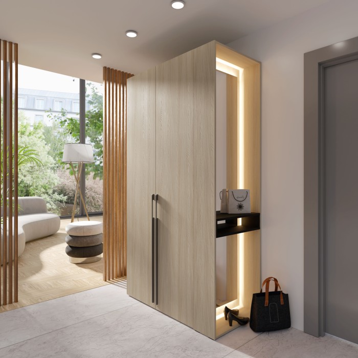 Armoire SORIA 204 cm chêne et noir avec miroir LED et niche – 2 portes battantes