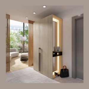 Armoire SORIA 204 cm chêne et noir avec miroir LED et niche – 2 portes battantes