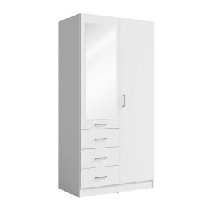 Armoire KALISTA 101 cm blanc mat avec miroir et 3 tiroirs – 2 portes battantes