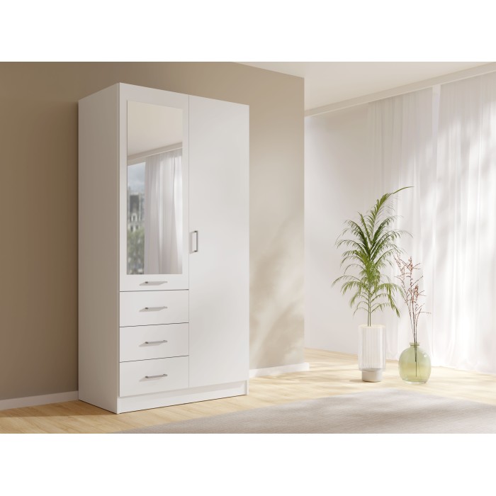 Armoire KALISTA 101 cm blanc mat avec miroir et 3 tiroirs – 2 portes battantes