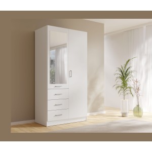 Armoire KALISTA 101 cm blanc mat avec miroir et 3 tiroirs – 2 portes battantes
