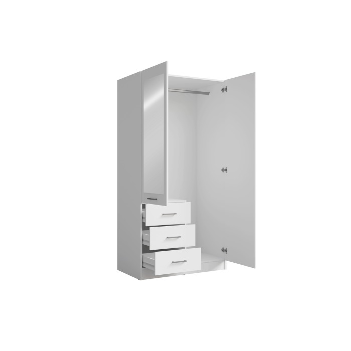 Armoire KALISTA 101 cm blanc mat avec miroir et 3 tiroirs – 2 portes battantes
