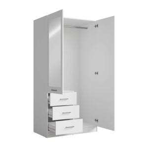 Armoire KALISTA 101 cm blanc mat avec miroir et 3 tiroirs – 2 portes battantes