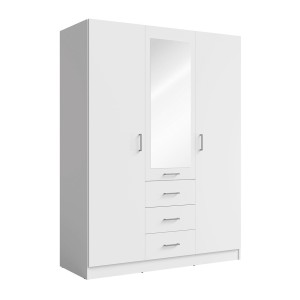Armoire KALISTA 151 cm blanc mat avec miroir et 3 tiroirs – 3 portes battantes
