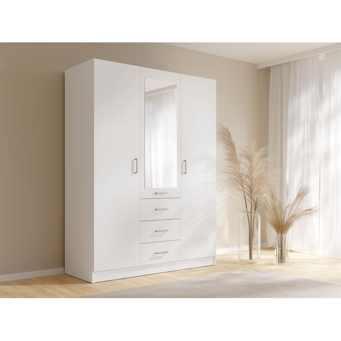 Armoire KALISTA 151 cm blanc mat avec miroir et 3 tiroirs – 3 portes battantes