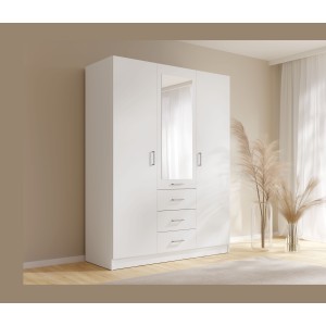 Armoire KALISTA 151 cm blanc mat avec miroir et 3 tiroirs – 3 portes battantes