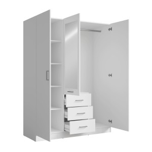Armoire KALISTA 151 cm blanc mat avec miroir et 3 tiroirs – 3 portes battantes