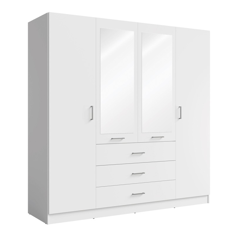 Armoire KALISTA 200 cm blanc mat – 4 portes battantes, 2 miroirs, 3 tiroirs