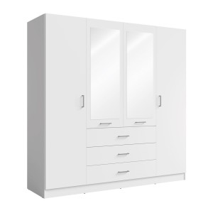 Armoire KALISTA 200 cm blanc mat – 4 portes battantes, 2 miroirs, 3 tiroirs