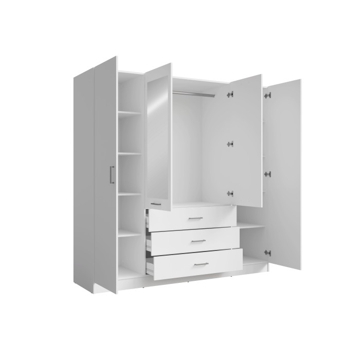Armoire KALISTA 200 cm blanc mat – 4 portes battantes, 2 miroirs, 3 tiroirs