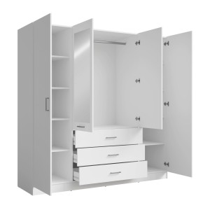Armoire KALISTA 200 cm blanc mat – 4 portes battantes, 2 miroirs, 3 tiroirs