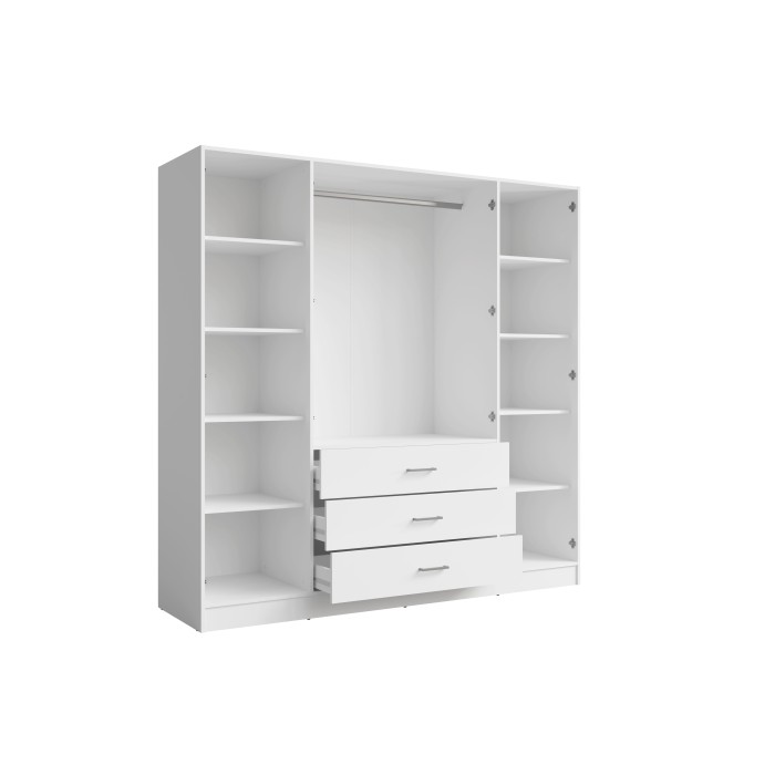 Armoire KALISTA 200 cm blanc mat – 4 portes battantes, 2 miroirs, 3 tiroirs