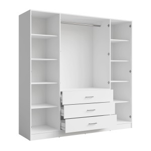 Armoire KALISTA 200 cm blanc mat – 4 portes battantes, 2 miroirs, 3 tiroirs
