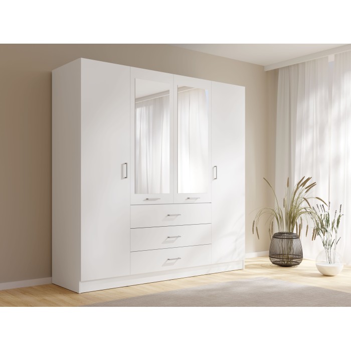 Armoire KALISTA 200 cm blanc mat – 4 portes battantes, 2 miroirs, 3 tiroirs