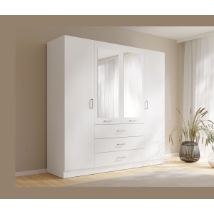 Armoire KALISTA 200 cm blanc mat – 4 portes battantes, 2 miroirs, 3 tiroirs