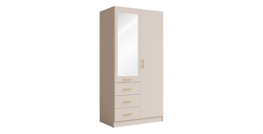 Armoire KALISTA 101 cm coloris sable avec miroir et 3 tiroirs – 2 portes battantes