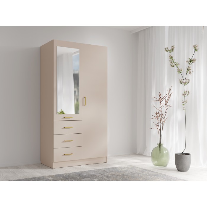 Armoire KALISTA 101 cm coloris sable avec miroir et 3 tiroirs – 2 portes battantes