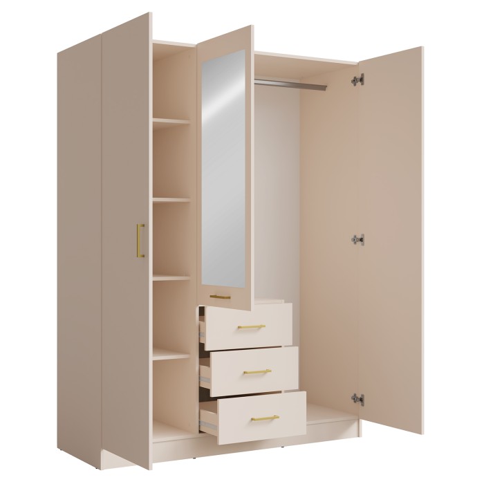 Armoire KALISTA 151 cm coloris sable avec miroir et 3 tiroirs – 3 portes battantes