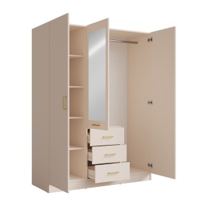Armoire KALISTA 151 cm coloris sable avec miroir et 3 tiroirs – 3 portes battantes
