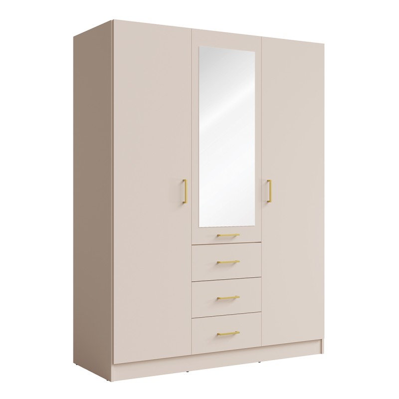 Armoire KALISTA 151 cm coloris sable avec miroir et 3 tiroirs – 3 portes battantes
