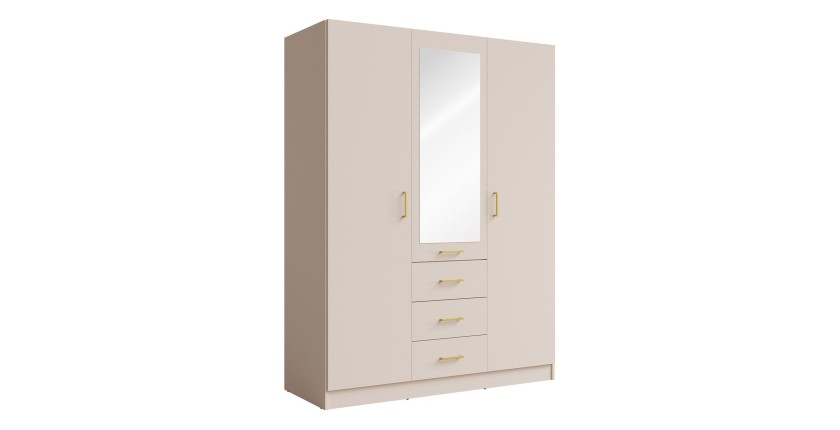 Armoire KALISTA 151 cm coloris sable avec miroir et 3 tiroirs – 3 portes battantes