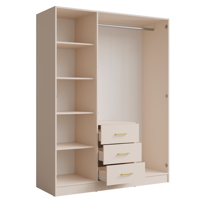 Armoire KALISTA 151 cm coloris sable avec miroir et 3 tiroirs – 3 portes battantes