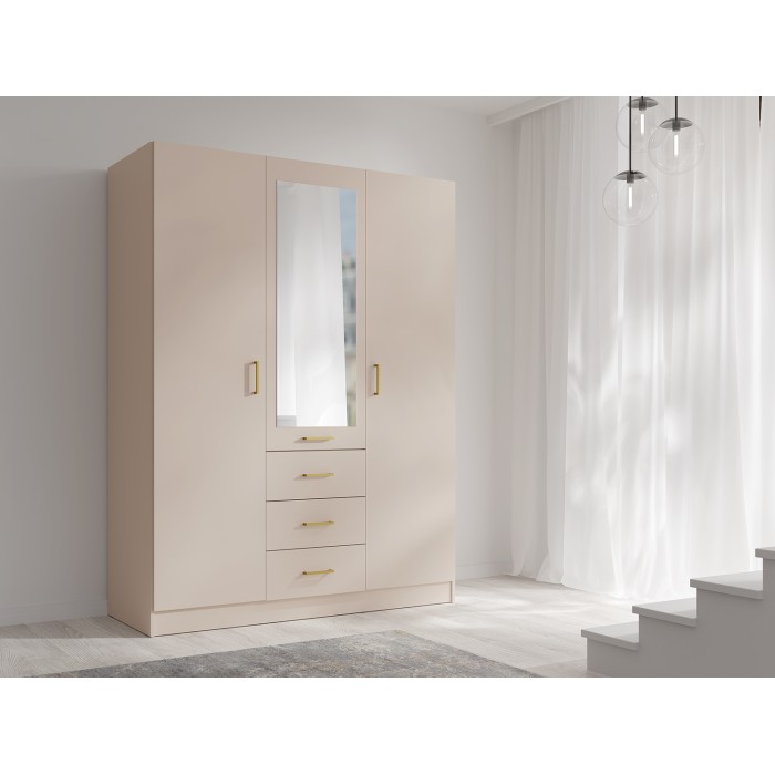 Armoire KALISTA 151 cm coloris sable avec miroir et 3 tiroirs – 3 portes battantes