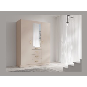 Armoire KALISTA 151 cm coloris sable avec miroir et 3 tiroirs – 3 portes battantes