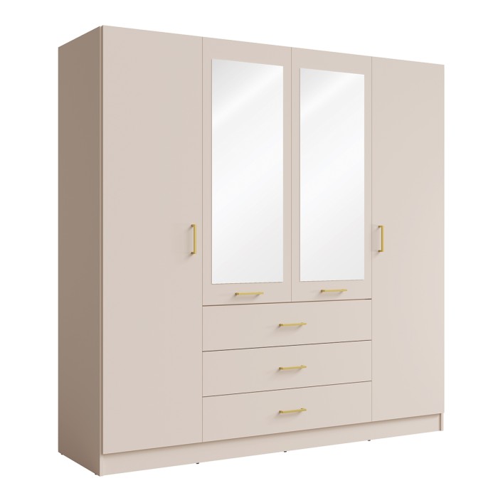 Armoire KALISTA 200 cm COLORIS sable – 4 portes, 2 miroirs, 3 tiroirs, poignées dorées