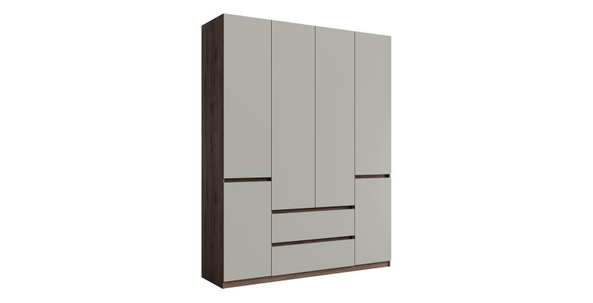 Armoire NUBIA 180 cm noyer et gris – 6 portes battantes avec 2 tiroirs