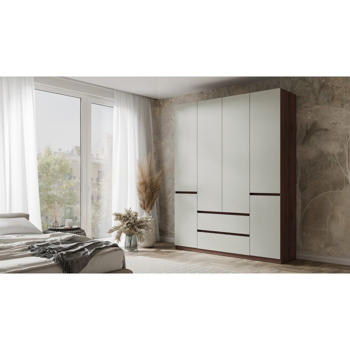 Armoire NUBIA 180 cm noyer et gris – 6 portes battantes avec 2 tiroirs