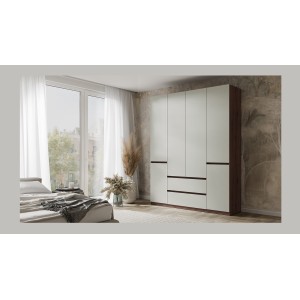 Armoire NUBIA 180 cm noyer et gris – 6 portes battantes avec 2 tiroirs