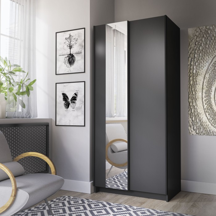 Armoire LYSIA 80 cm noir mat – 2 portes coulissantes avec miroir